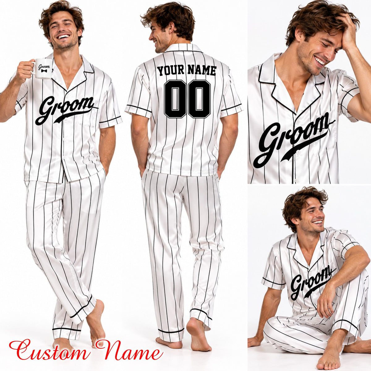 White wedding pajama set styled in a casual lifestyle environment