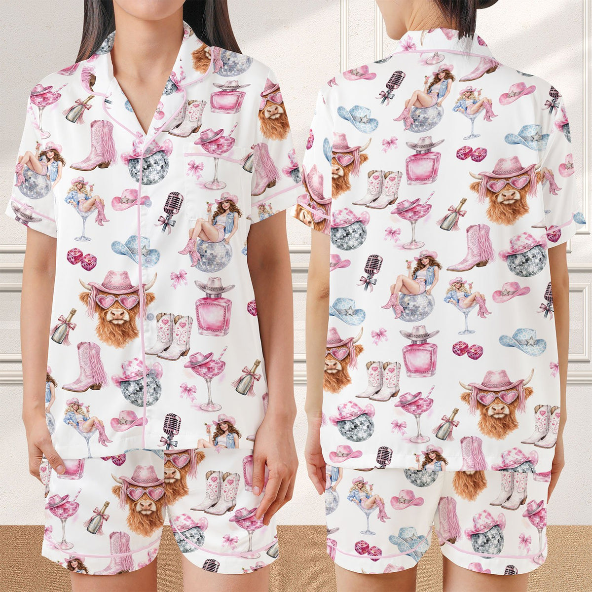 Close up lifestyle view of the western disco pajama set pattern
