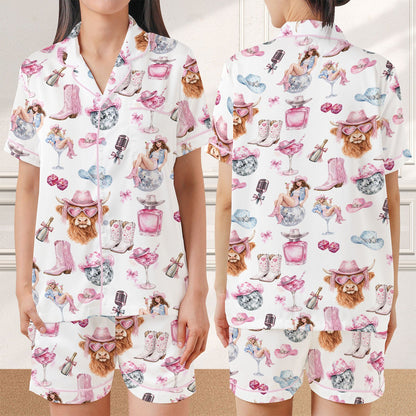 Close up lifestyle view of the western disco pajama set pattern