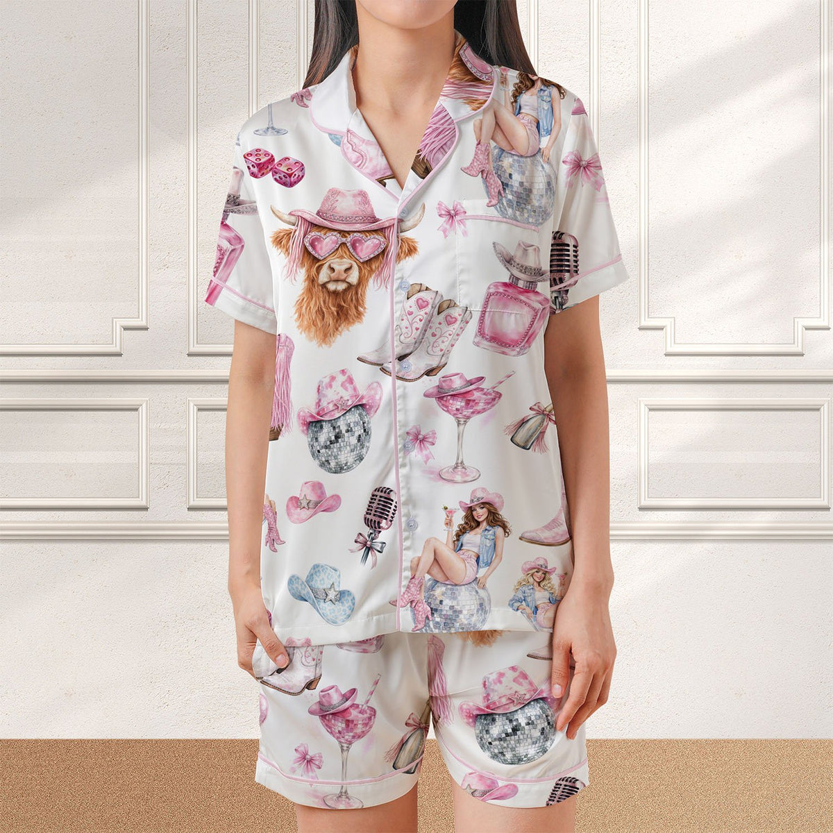 Family members wearing the matching western disco pajamas