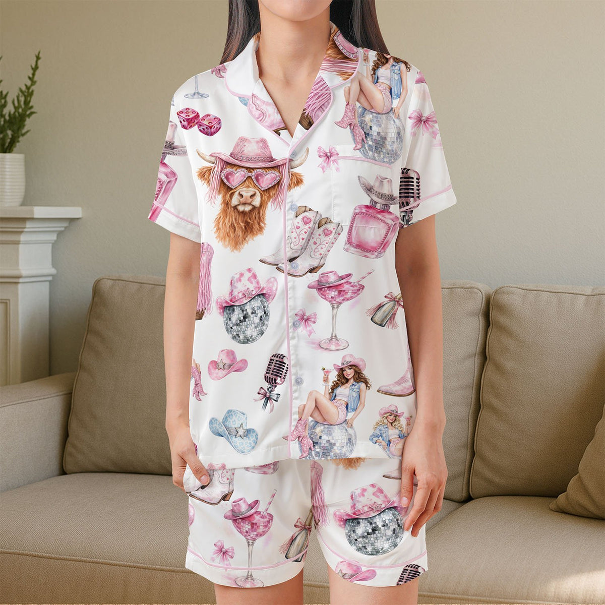 White and pink western disco pajama set lifestyle shot