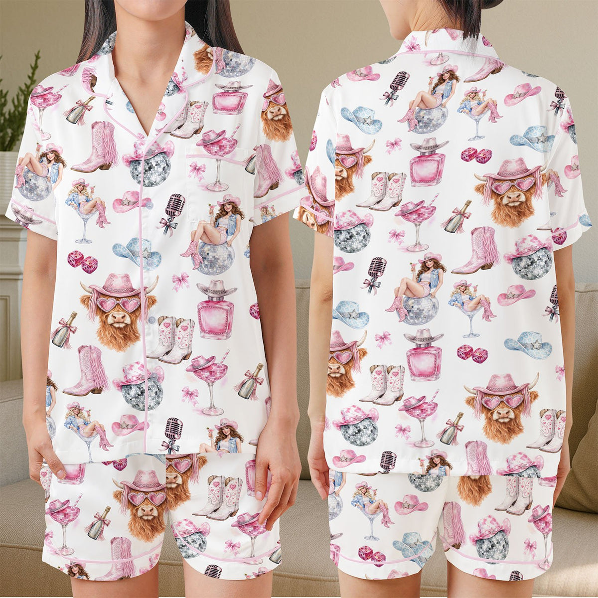 Another lifestyle view of the matching family pajamas in the western disco design