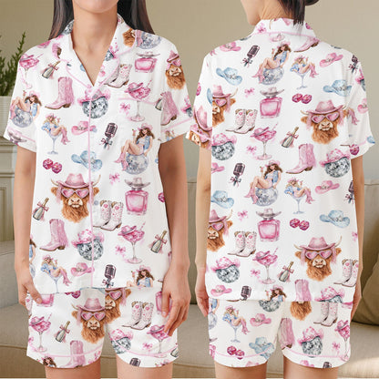 Another lifestyle view of the matching family pajamas in the western disco design