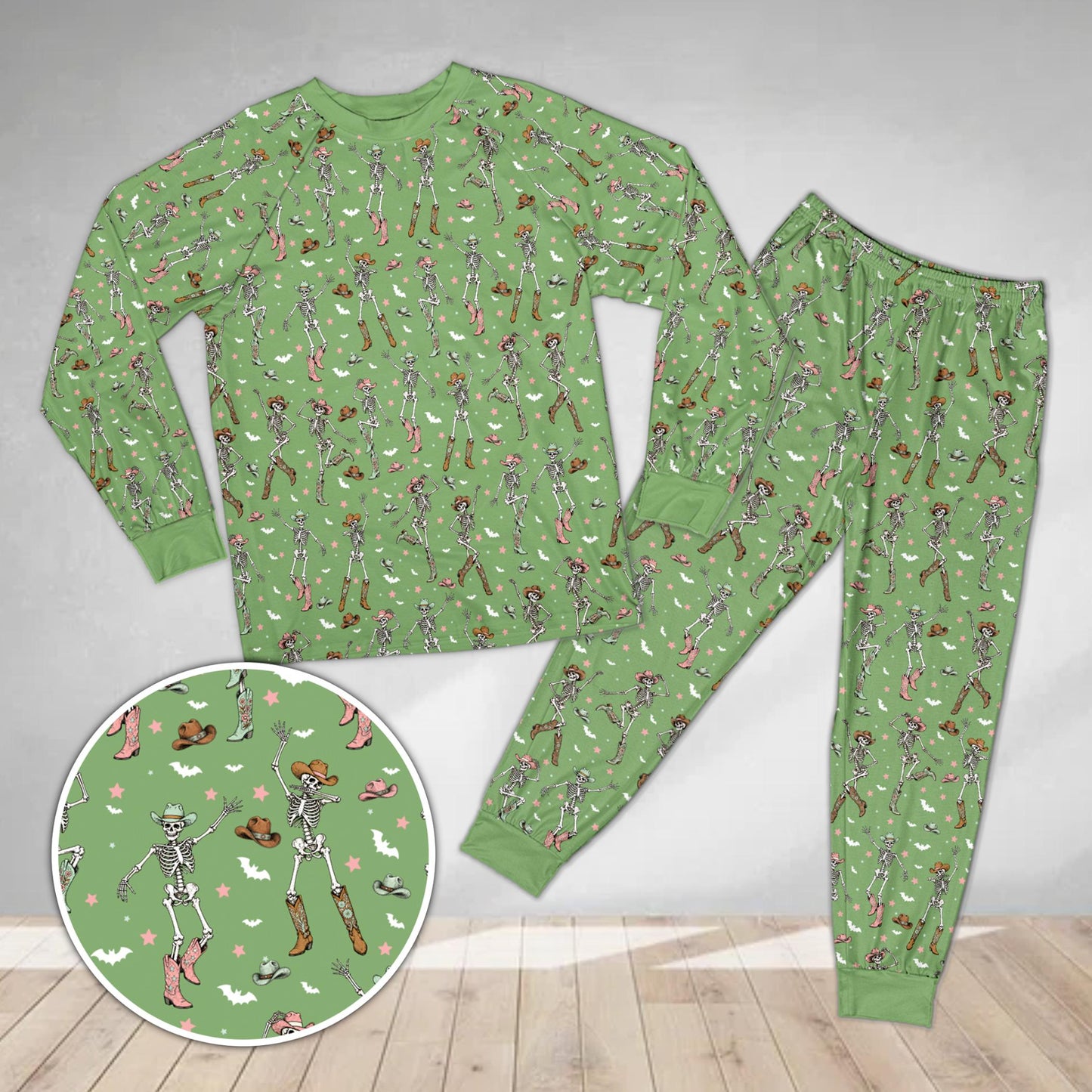 Green background matching family pajama set with western halloween design