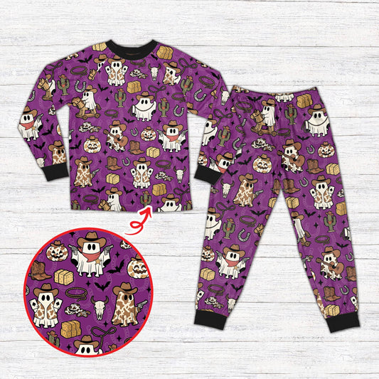 Western Halloween pajama set featuring cowboy ghosts and pumpkins, main view