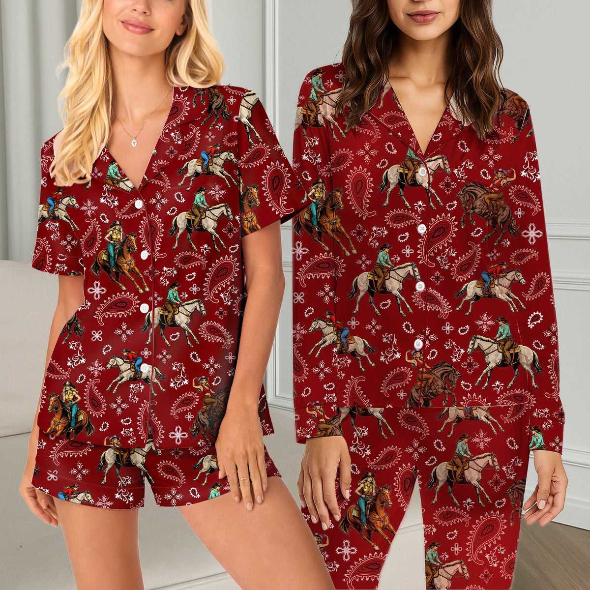 Front view of matching family pajama set in red western design