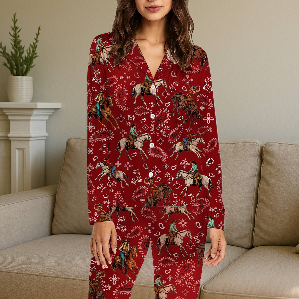 Detailed front view of western pajama set on red background