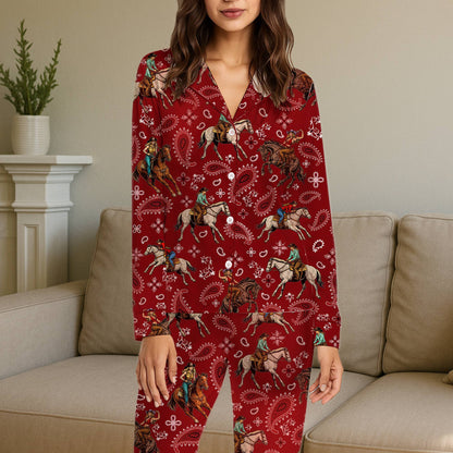 Detailed front view of western pajama set on red background