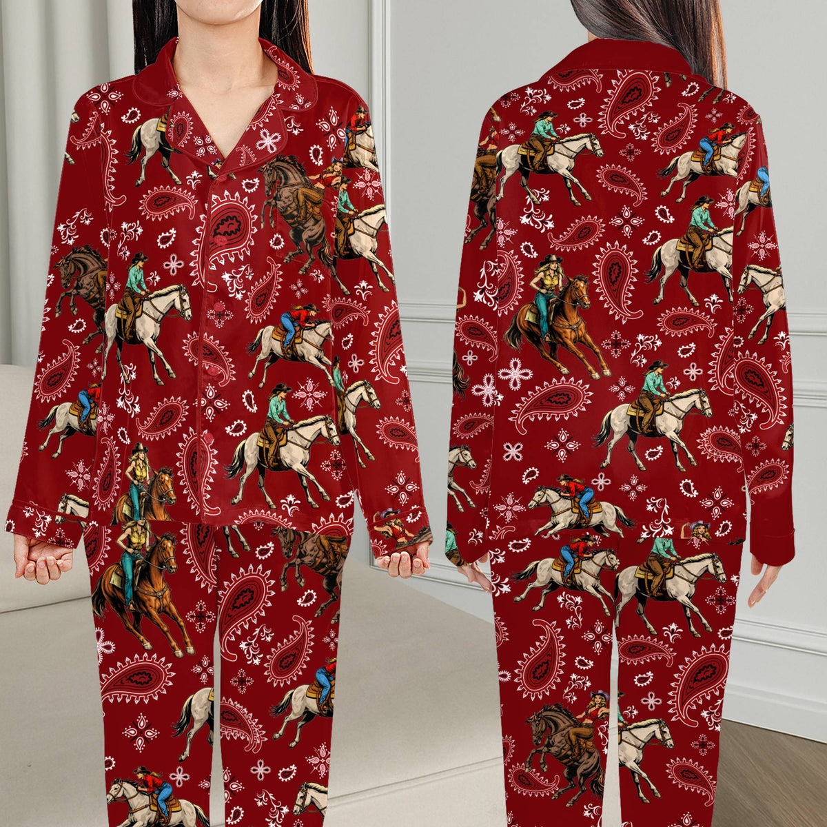 Another front view of red western family matching pajama set