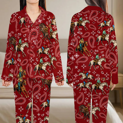 Final front view of matching family pajama set in western red design
