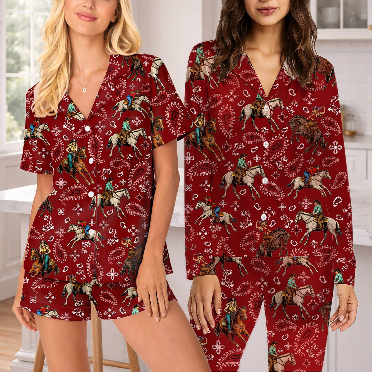 Main view of matching family pajama set featuring a red western cowgirl and paisley print