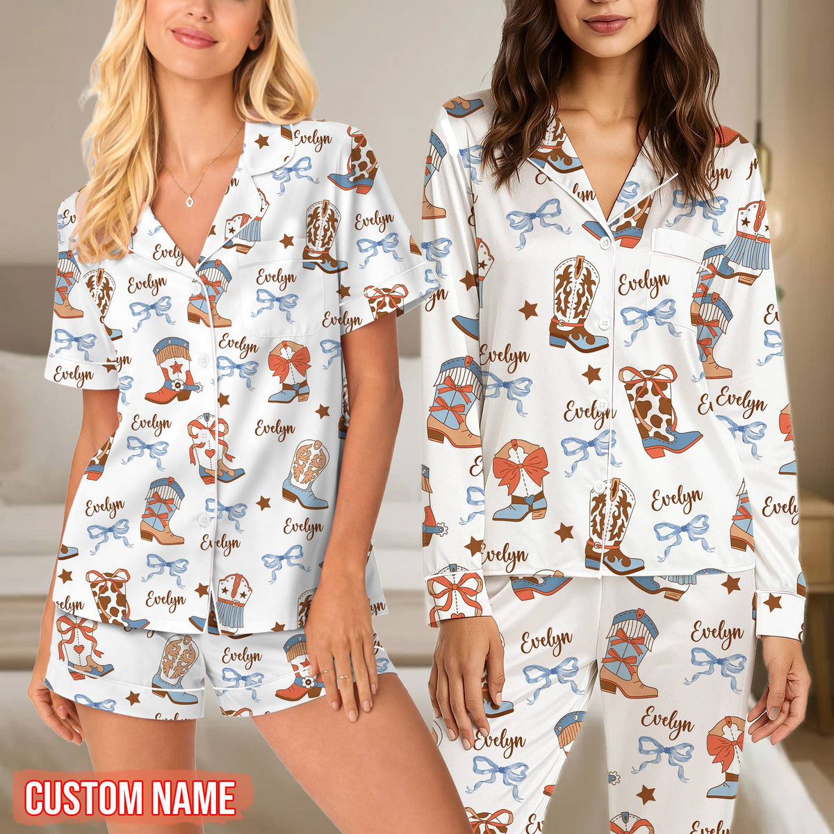 Personalized white western pajama set featuring cowboy boots and stars with custom name
