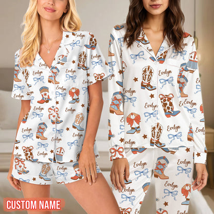Front view of the custom western pajama set with cowboy boots pattern