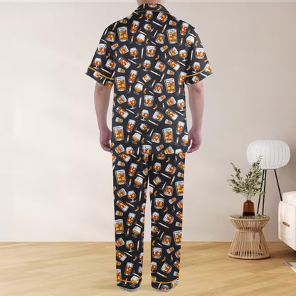 Close up back view of whiskey and cigars pajama set