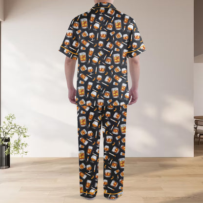 Detailed back view of pajama set with whiskey and cigars pattern