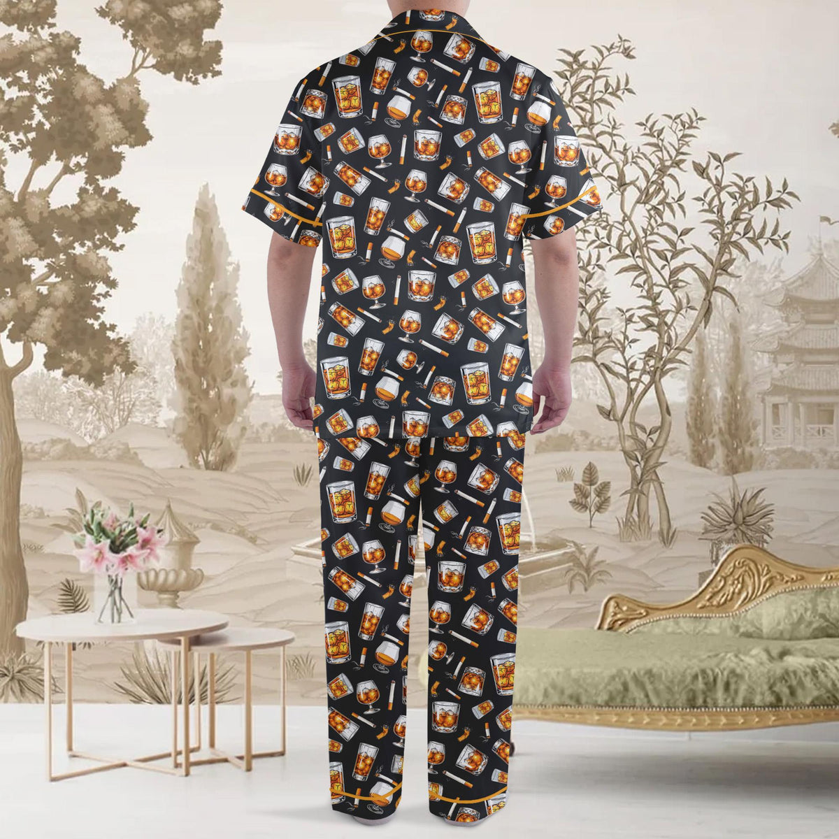 Back view of whiskey and cigars pajama set