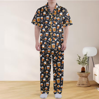 Close up front view of whiskey and cigars pajama set