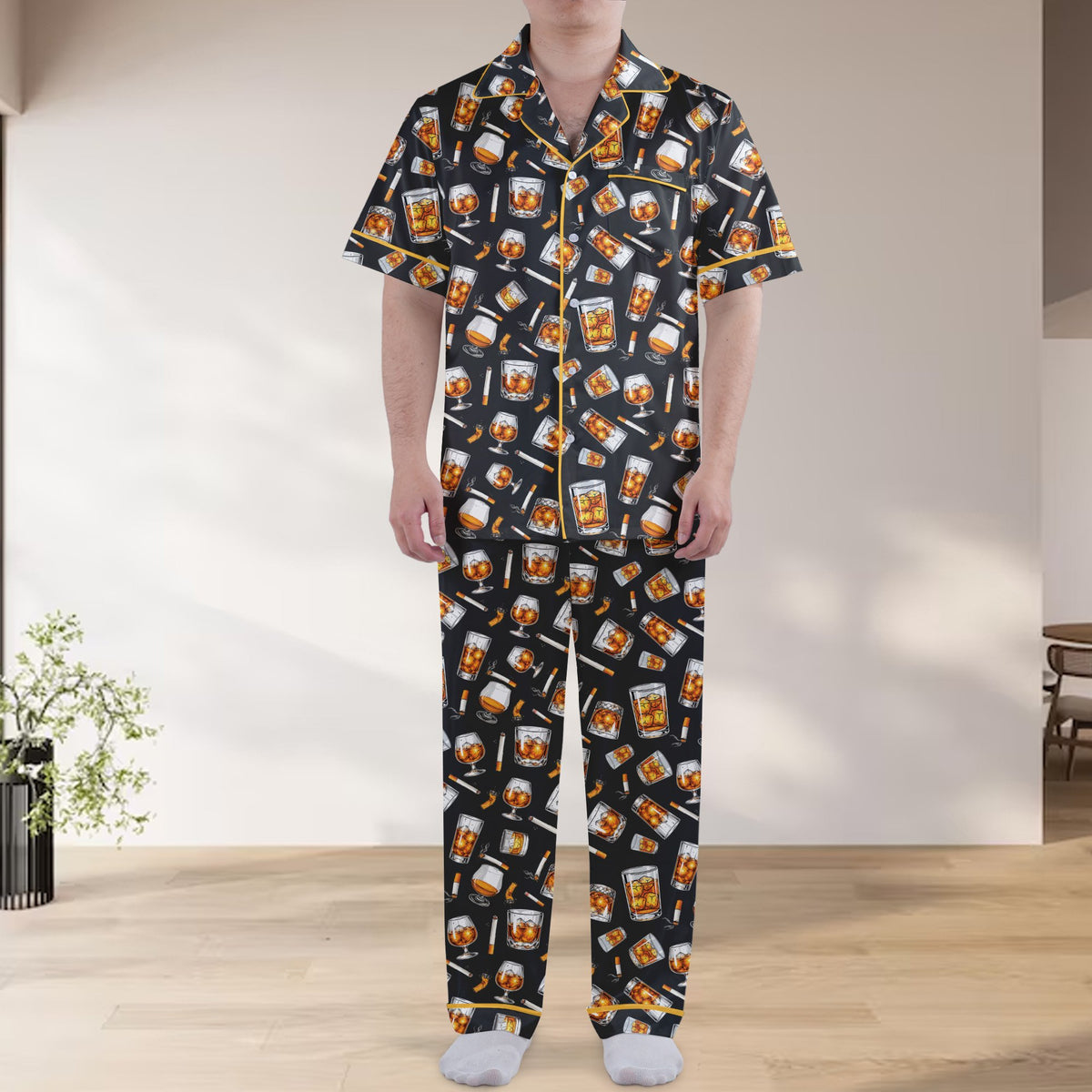 Detailed front view of pajama set with whiskey and cigars pattern