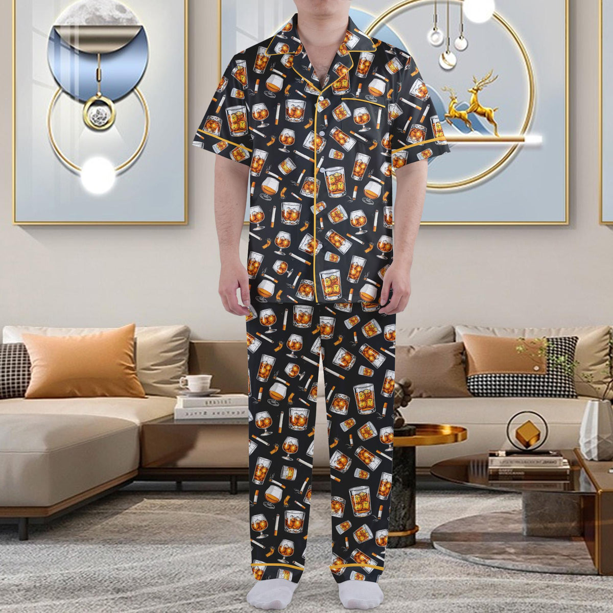 Whiskey and cigars pajama set, front view on model