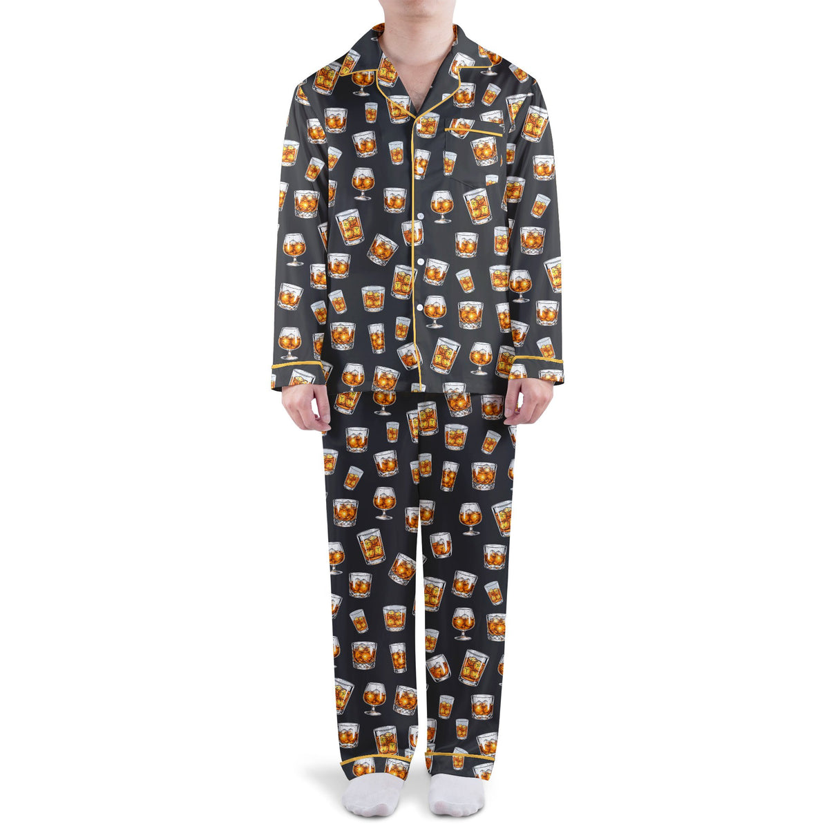Close up front view of the matching family pajamas in black and amber whiskey design