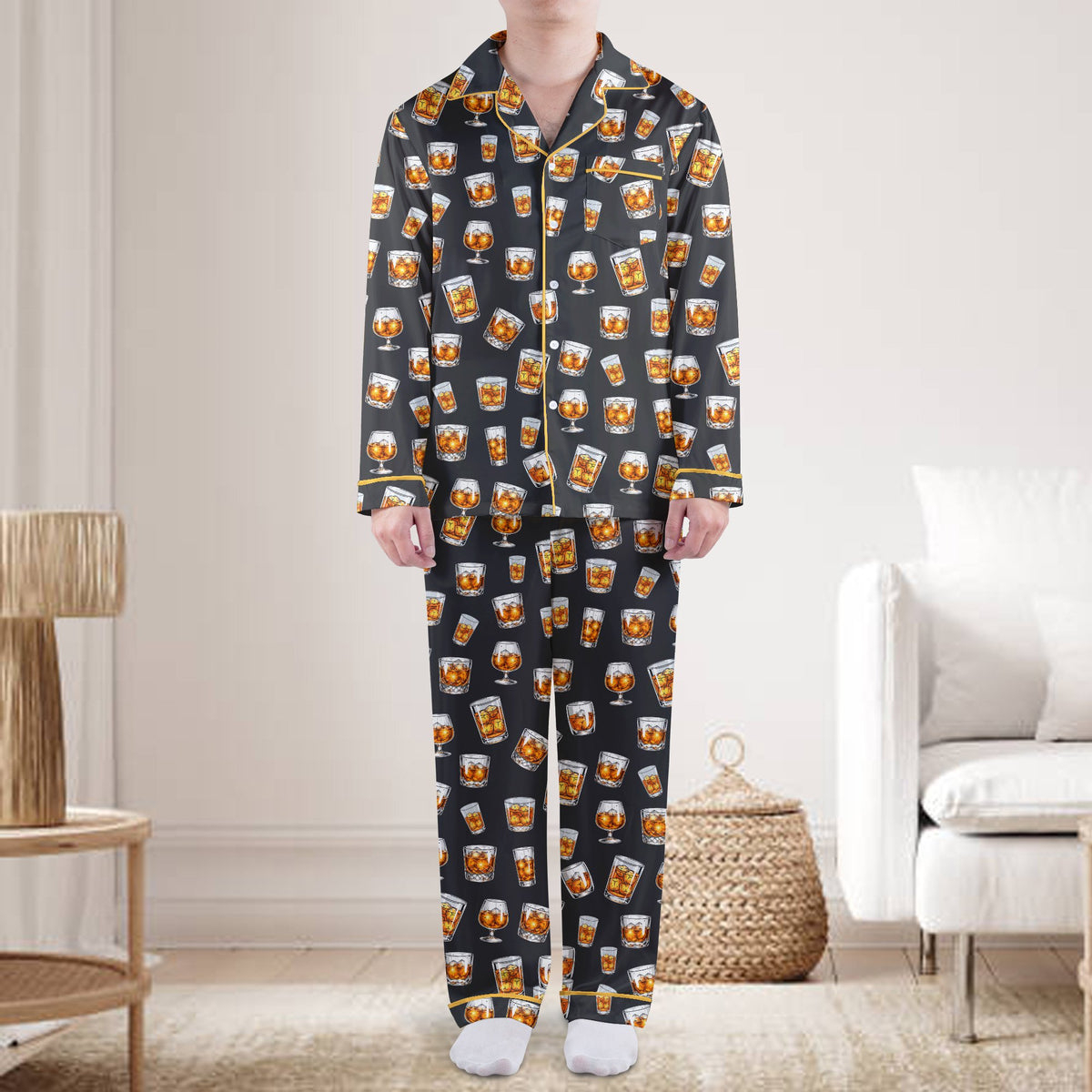 Another front angle of the adult whiskey pajama set on a model