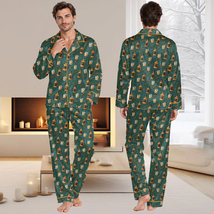Close-up lifestyle view of the dark green pajamas featuring whiskey bottles and lit cigars