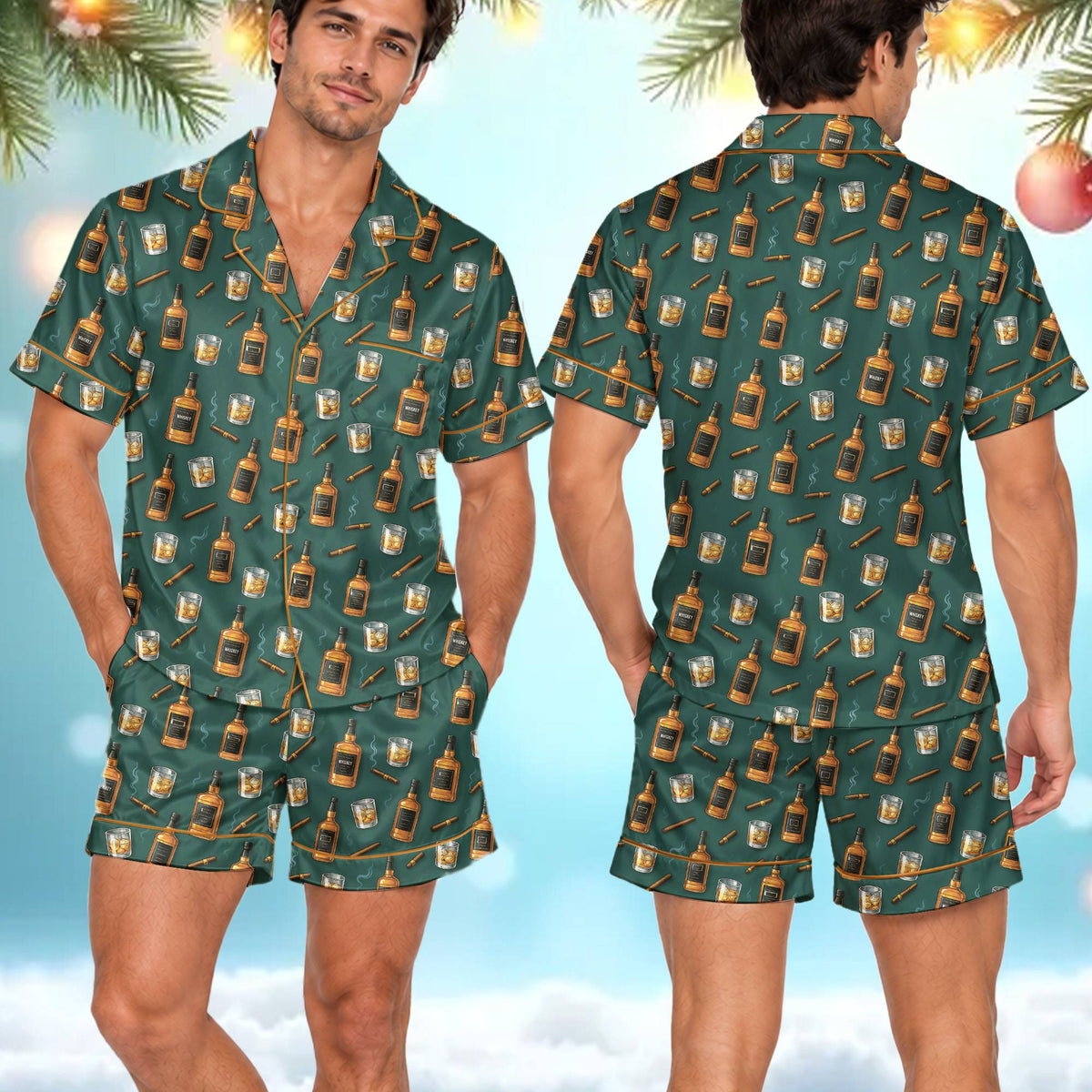 Detailed look at the amber and brown whiskey glasses on the green pajama set
