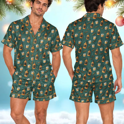 Detailed look at the amber and brown whiskey glasses on the green pajama set