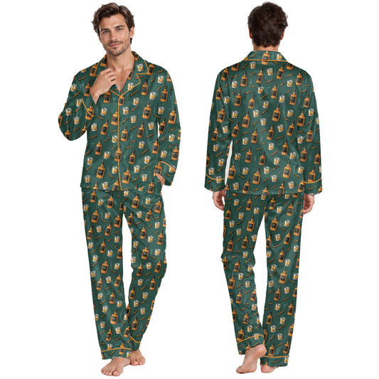 Lifestyle view of an adult wearing the green whiskey and cigars pajama set