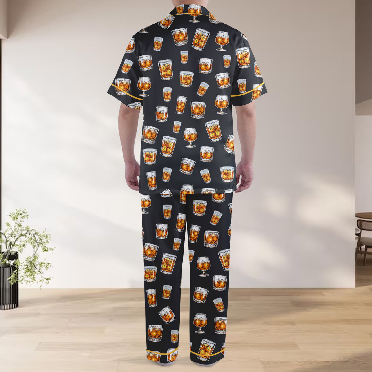 Full back view of the matching family loungewear in whiskey pattern