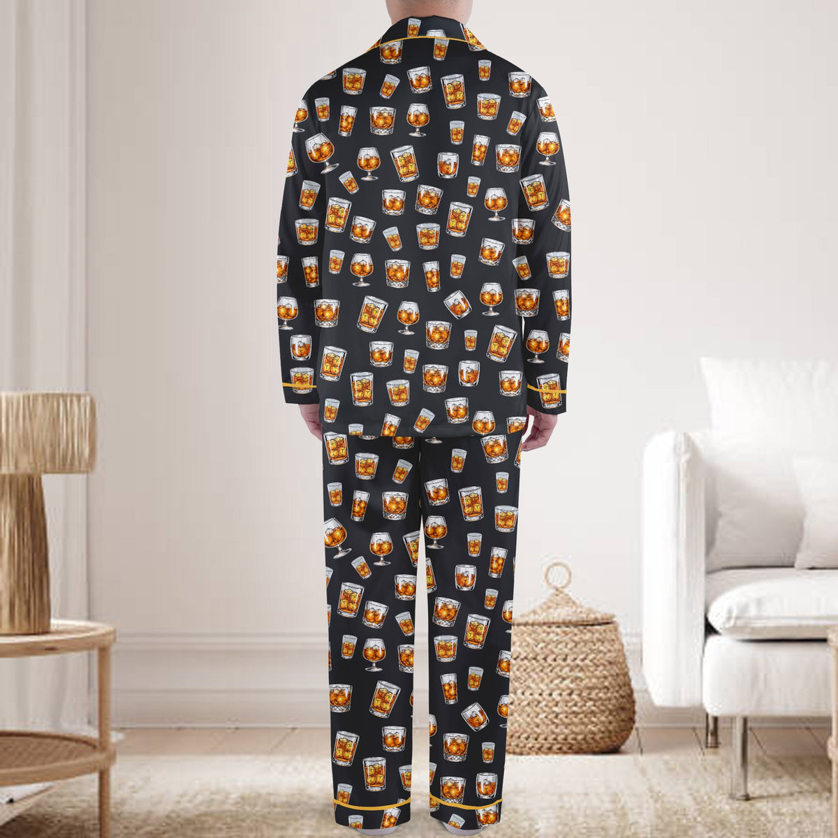 Rear angle of the adult polyester pajamas featuring whiskey glasses