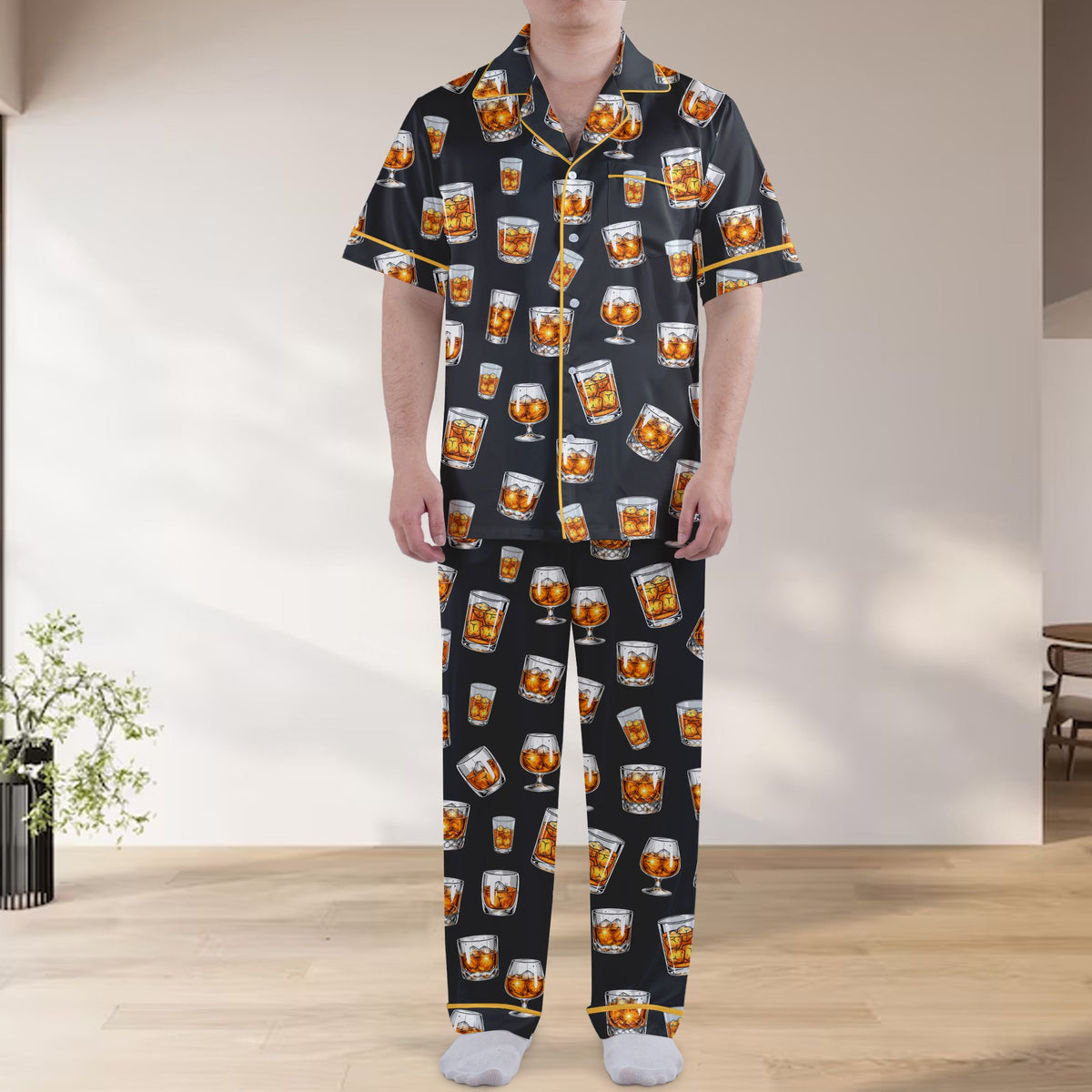 Front view of the adult whiskey pattern pajama set
