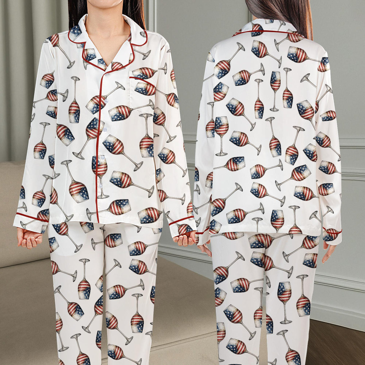 Front view of the holiday matching family pajamas with wine glass design