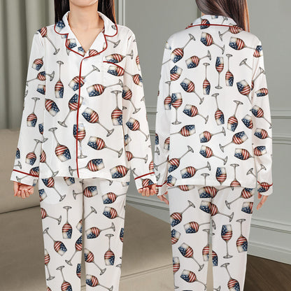 Front view of the holiday matching family pajamas with wine glass design