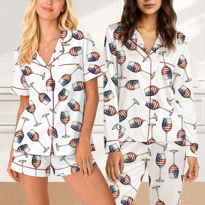 Wine american flag pajama set main view featuring red, white, and blue wine glasses