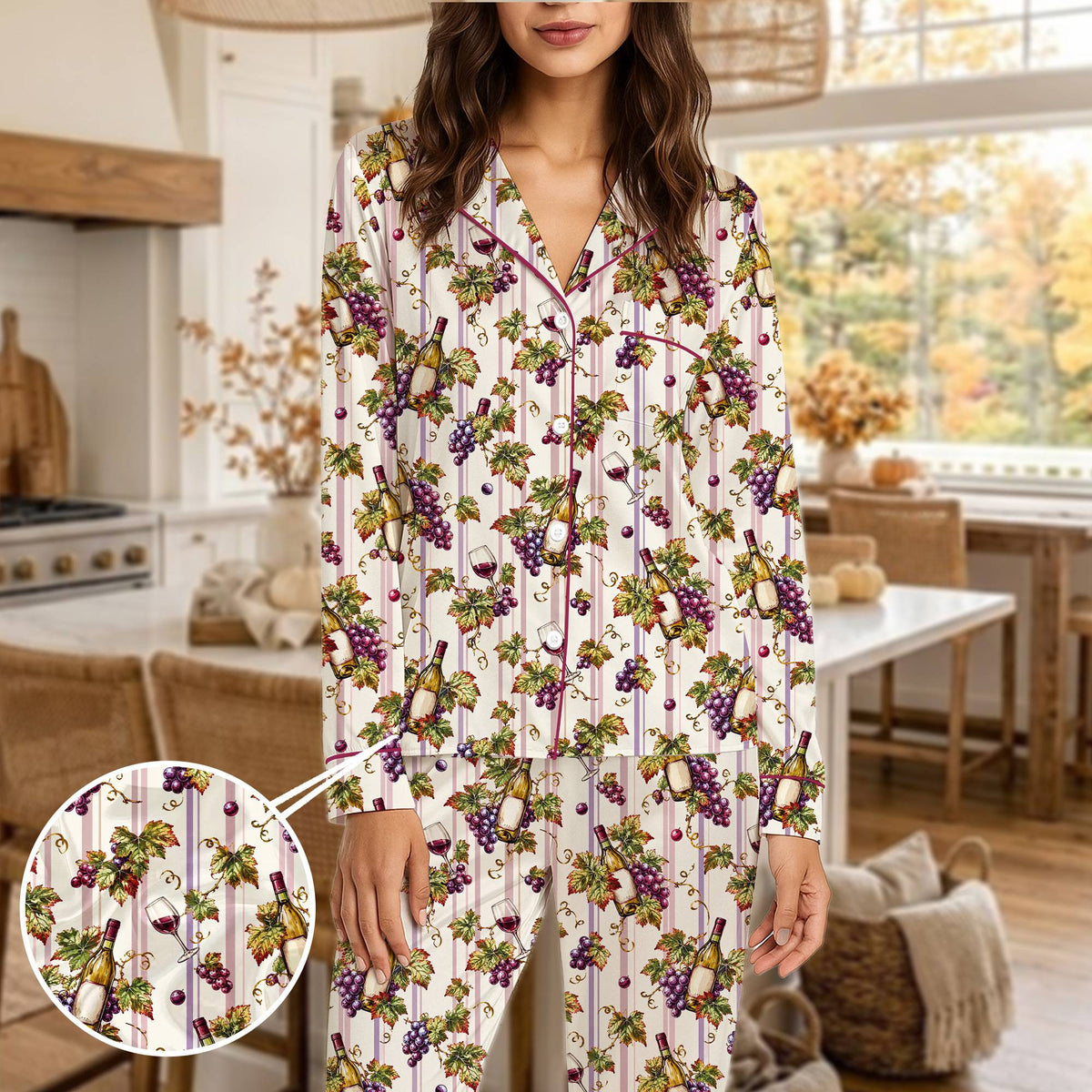 Wine and grapes pajama set front view, featuring a vintage vineyard pattern