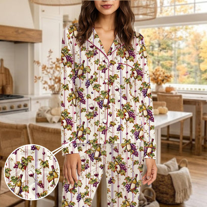 Wine and grapes pajama set front view, featuring a vintage vineyard pattern