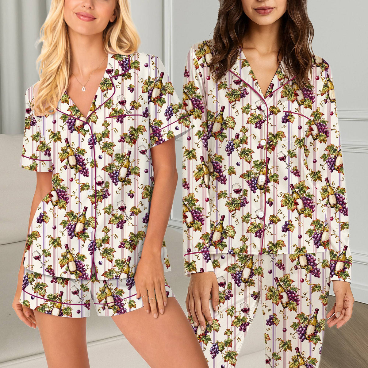 Close up of the matching family pajamas with wine and grapes design