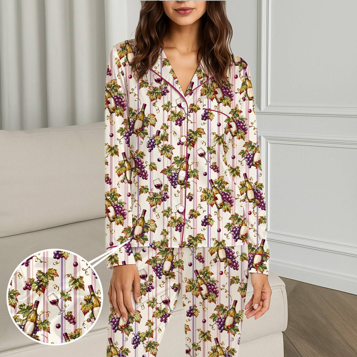 Side lifestyle view of the wine and grapes pajama set