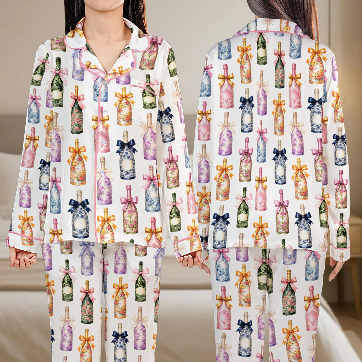 White pajama set with pink piping and wine bottle print, front view