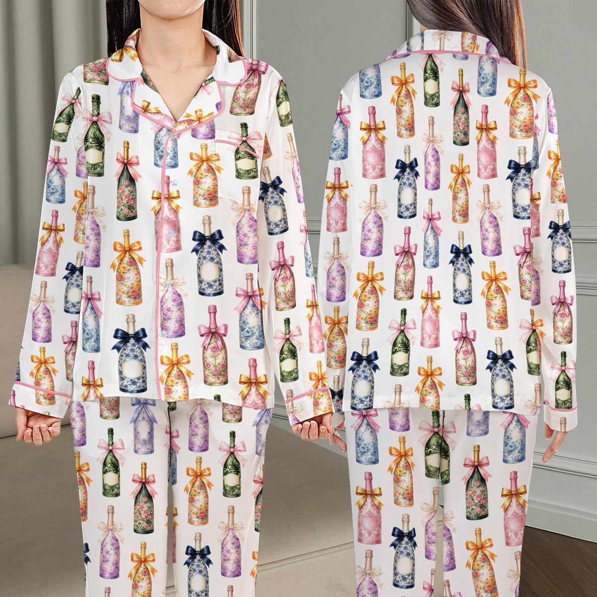 Wine bottles pajama set displaying elegant champagne bottle illustrations, front view