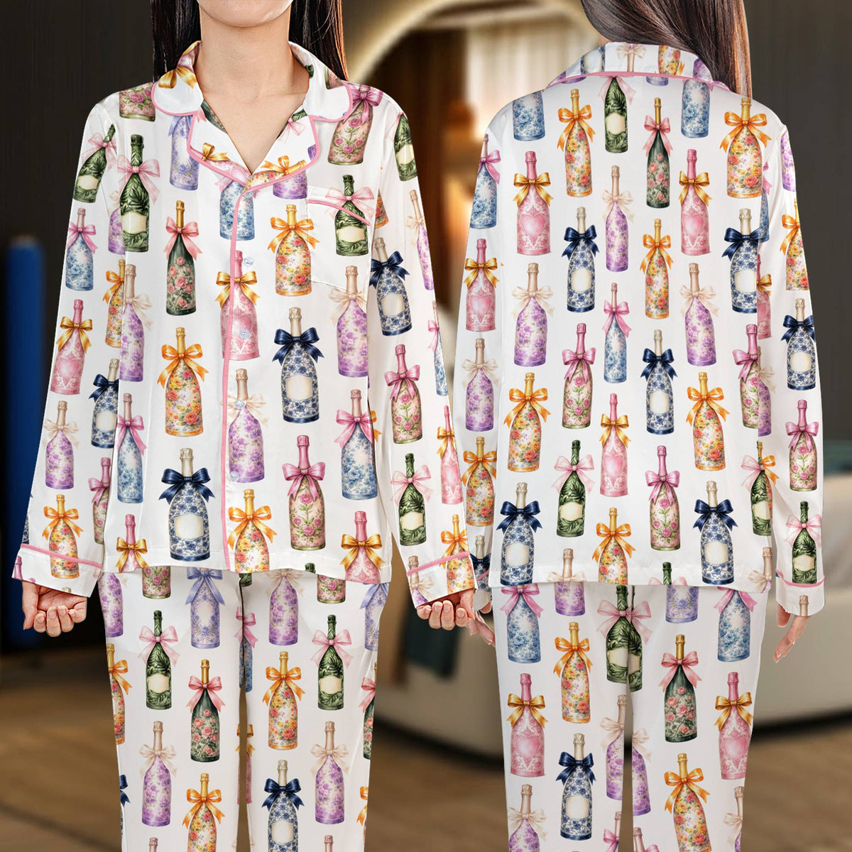 Wine bottles pajama set featuring an all-over print of illustrated bottles with bows, main view