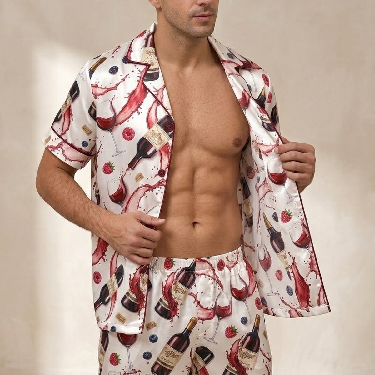 Pajama set with wine lover design on a white background, front view