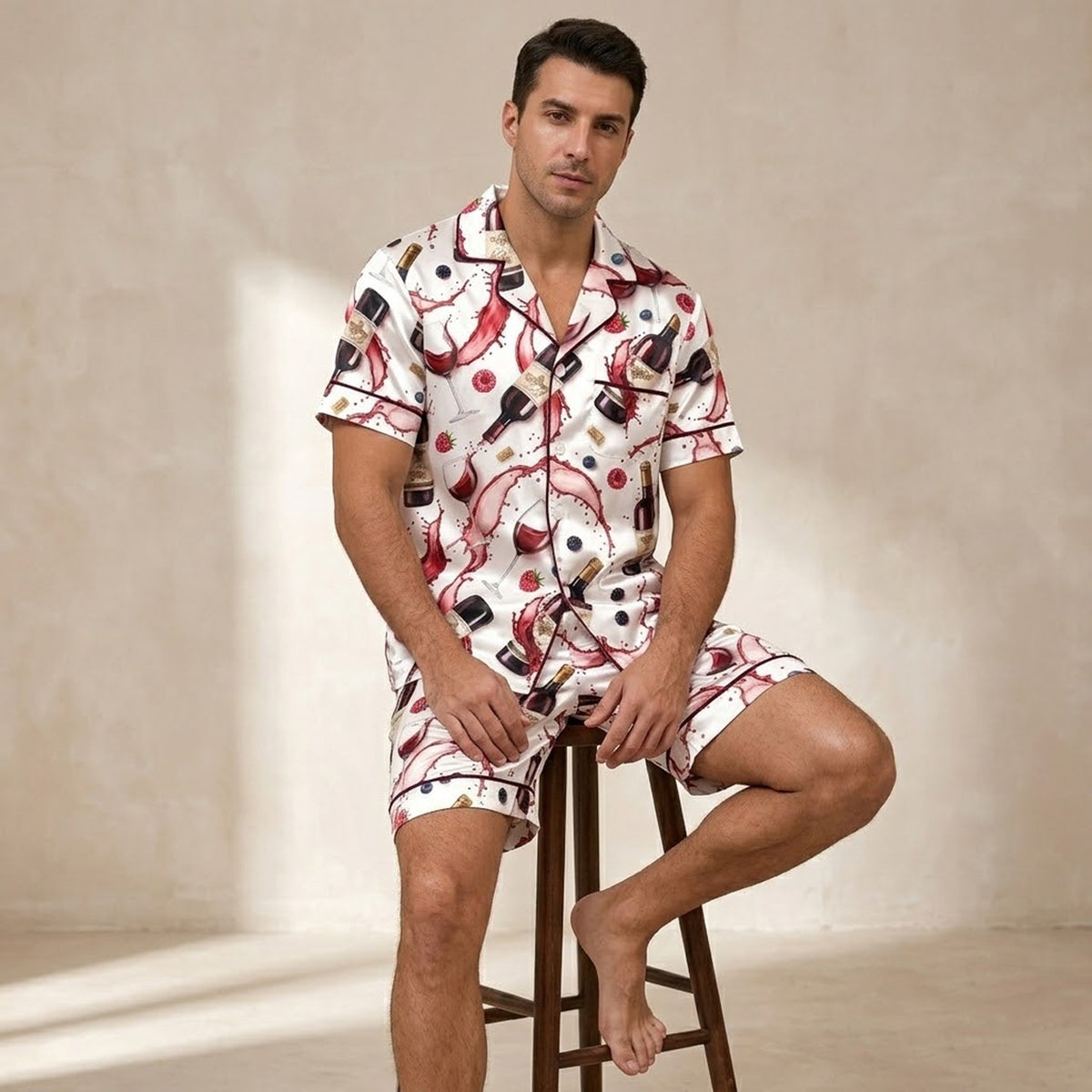 Matching family pajamas in wine lover design with white background and red wine graphics, main view