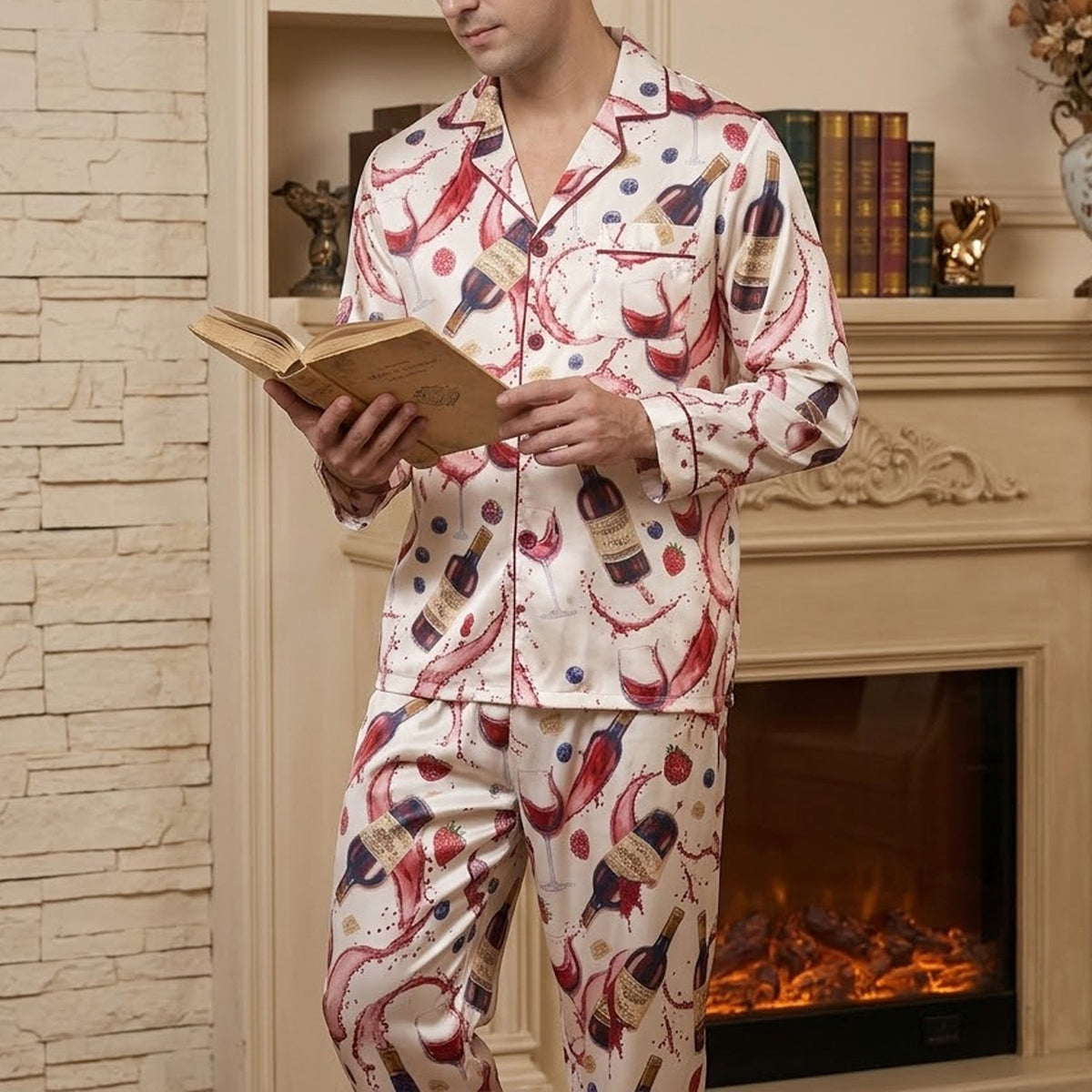 Another front view of the wine lover pajama set highlighting red wine splashes