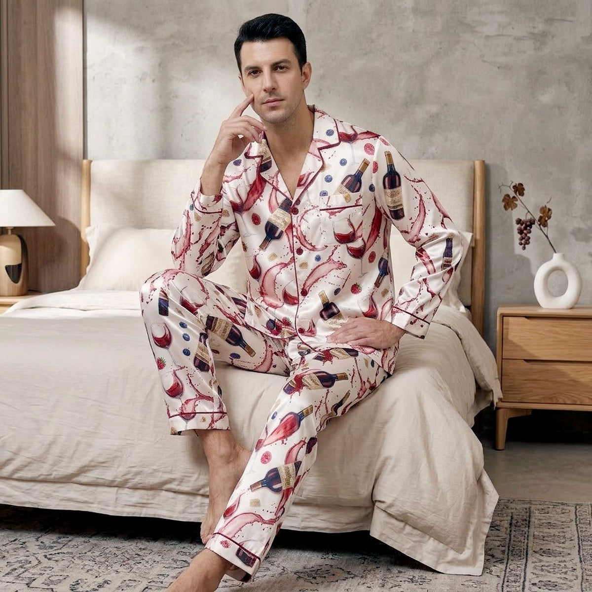 Wine lover pajama set on model showing wine bottle and glass pattern, front view