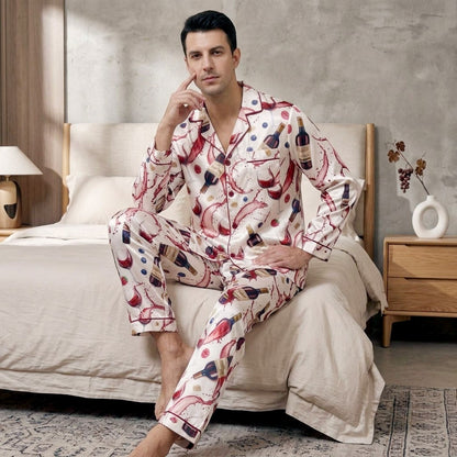 Wine lover pajama set on model showing wine bottle and glass pattern, front view