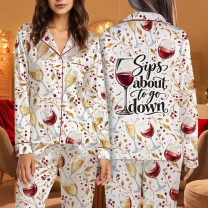 Close-up back view of the red wine glass graphic on the pajama set