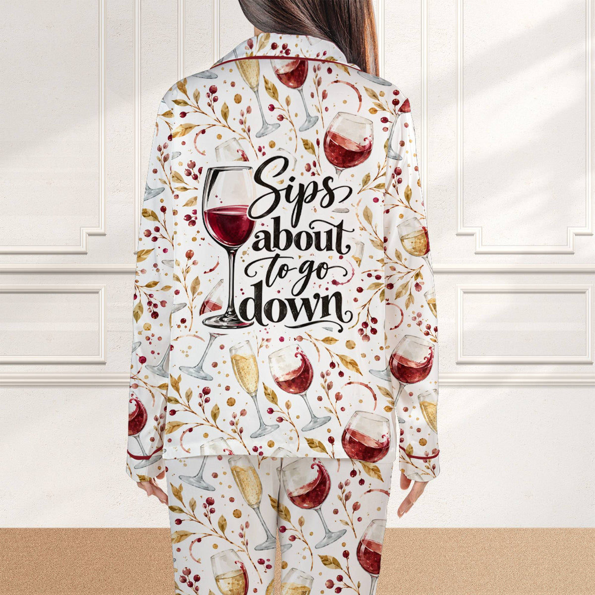 Back view of the wine pajama set showing the sips about to go down text