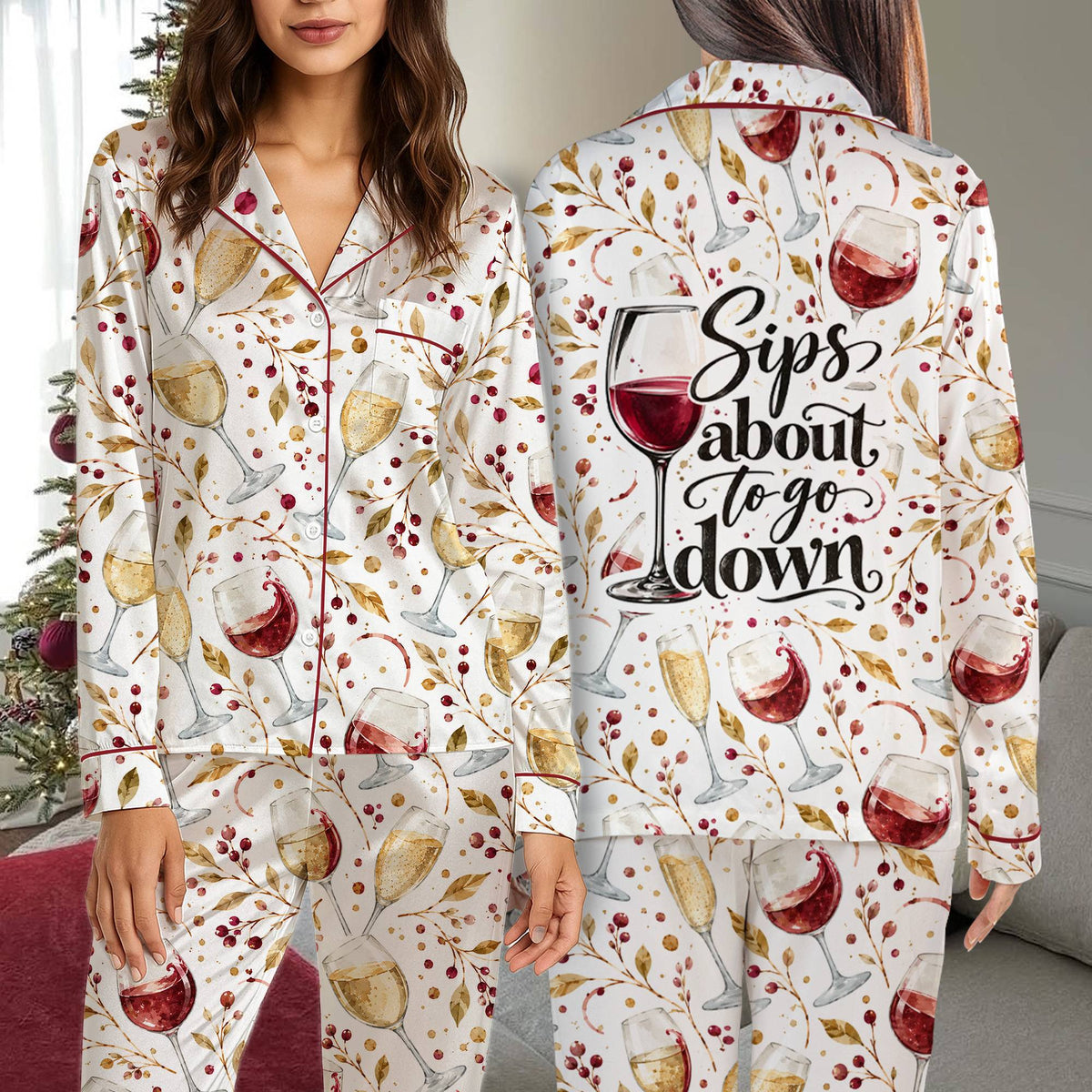Close-up front view of the wine print matching family pajamas
